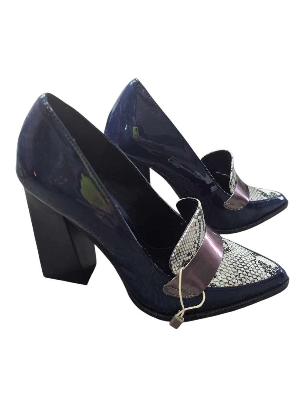 Bibi Lou Navy Patent Block Heel Loafer Pumps with Metallic Accent